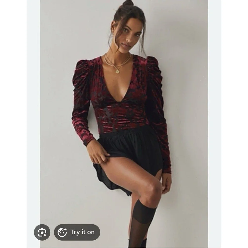 Intimately Free People Magic Hour Bodysuit Size Small Velvet Burnout Red Black